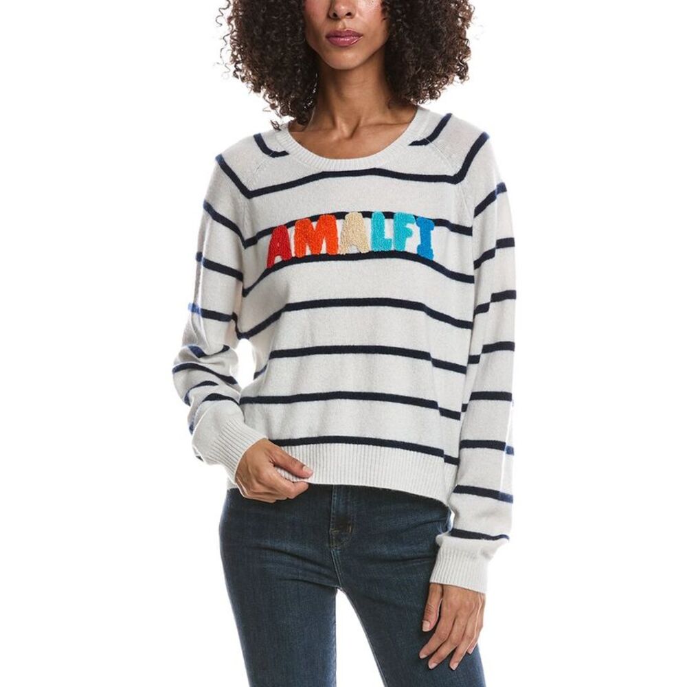 Brodie Cashmere Womens  Amalfi Striped Crewneck 100% Cashmere Sweater, White